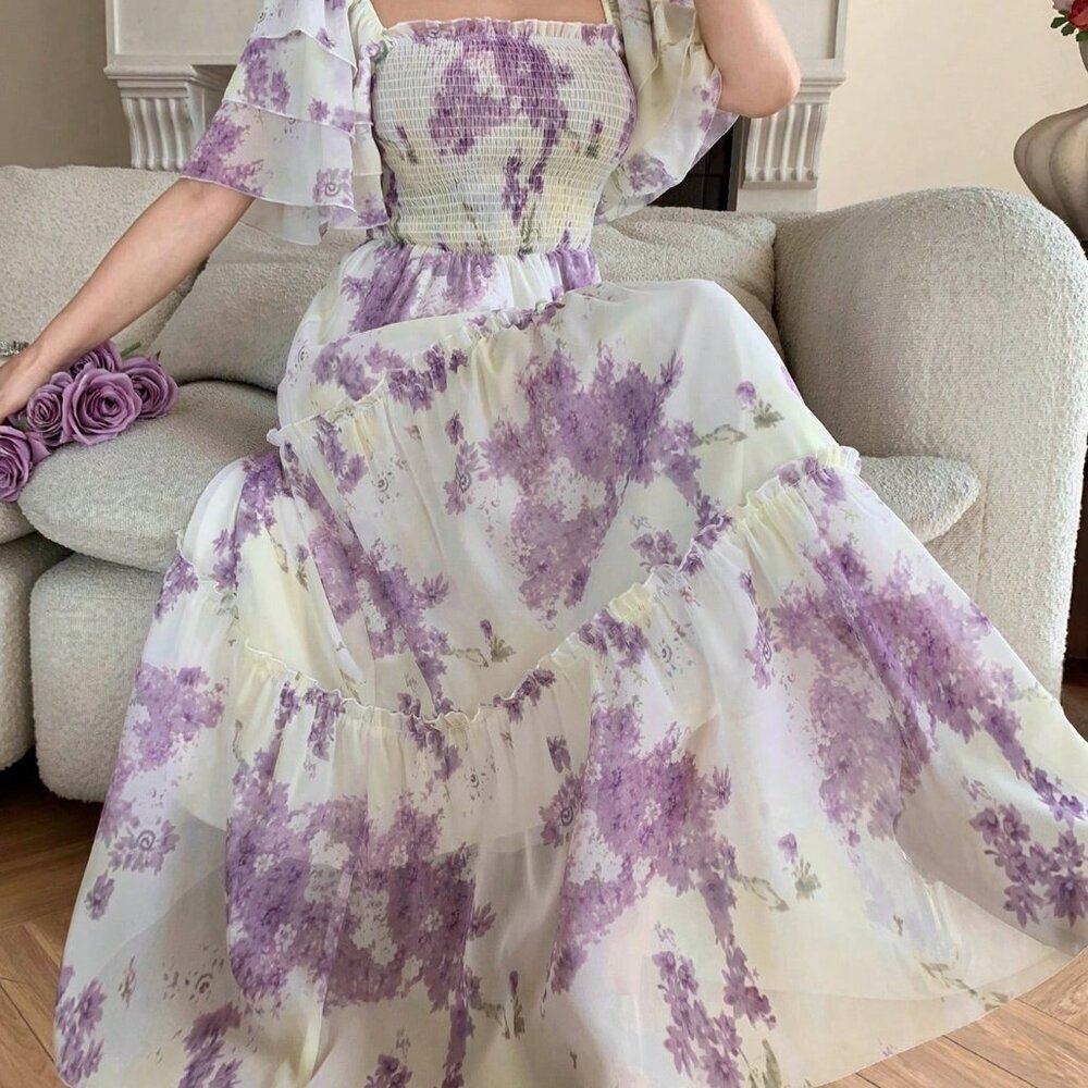 Multicolor Boho Women's Square Neck Short Sleeve Cinched Dress Vacation